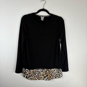 Chicos Womens 0 Blouse Top Long Sleeve Shirt Leopard Hem Trim Black Stretch